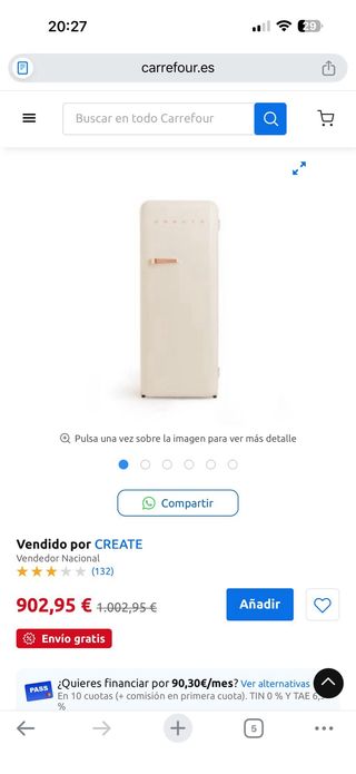 Oferta Frigorífico Retro CREATE Beige Dorado 281L