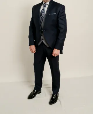 Traje de Novio Semichaque Azul y Gris, año 2025.