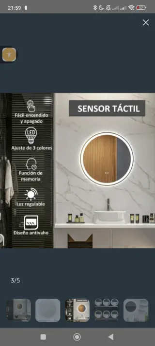 Espejo LED Redondo 60 cm diámetro Kleankin