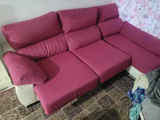 Sofá modular tela rosa y blanco