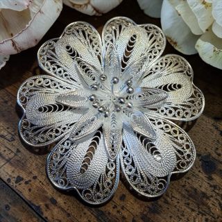 Spilla Argento 925 Vintage Fiore Filigrana