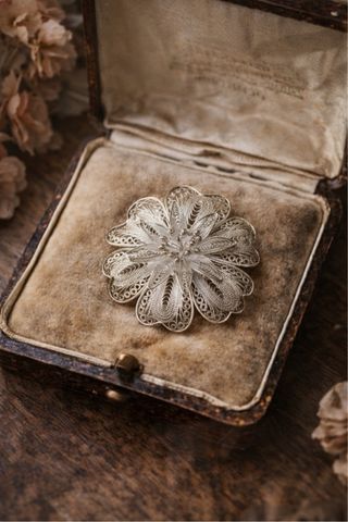 Spilla Argento 925 Vintage Fiore Filigrana
