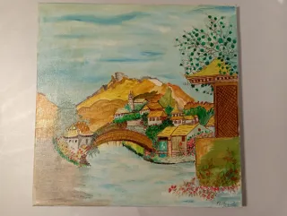 Cuadro al óleo de pueblo con puente