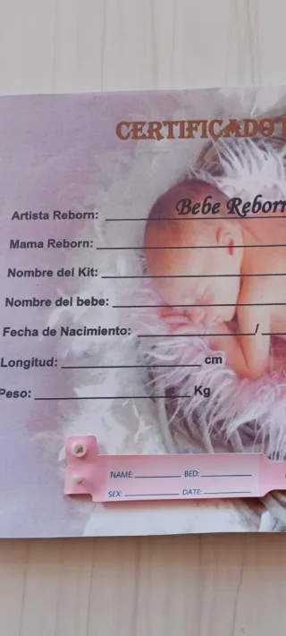 Certificado y pulsera nacimiento bebé reborn