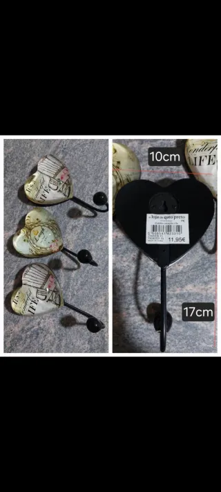Set di tre appendiabiti decorativi a forma di cuore