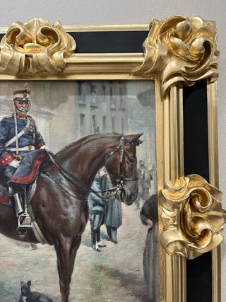 Cuadro al óleo de jinete y caballo