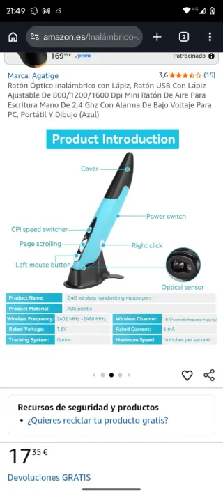 Ratón Lápiz Óptico Inalámbrico (Rojo)