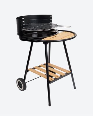 Barbacoa Negra con Ruedas y Madera