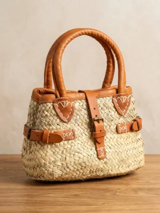 Borsa in paglia con dettagli in pelle