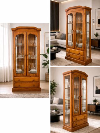 Vitrina de madera pino con puertas de cristal