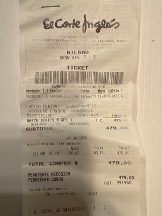 Apple Watch Series 9 GPS 41mm Negro/Plata