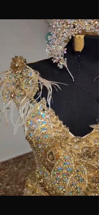 Vestido de Novia Dorado con Pedrería y Plumas