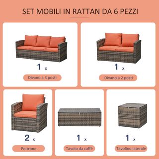 Set di mobili da giardino in rattan da 6 pezzi, soggiorno con 2 tavolini con spazio di archiviazione, divani e 2 poltrone imbottite per 7 persone, marrone