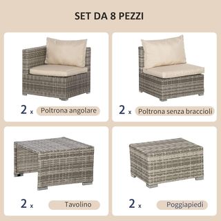 Juego de Muebles de Jardín de 8 Piezas en Rattan PE, Conjunto de Muebles de Jardín Ahorra Espacio con Sillones, Mesas y Puff, Beige