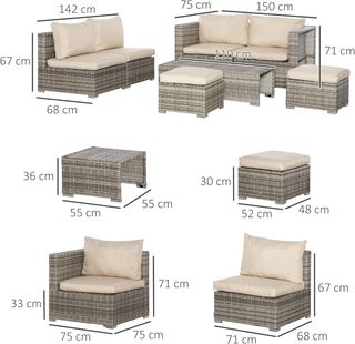 Juego de Muebles de Jardín de 8 Piezas en Rattan PE, Conjunto de Muebles de Jardín Ahorra Espacio con Sillones, Mesas y Puff, Beige