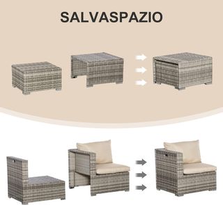 Juego de Muebles de Jardín de 8 Piezas en Rattan PE, Conjunto de Muebles de Jardín Ahorra Espacio con Sillones, Mesas y Puff, Beige