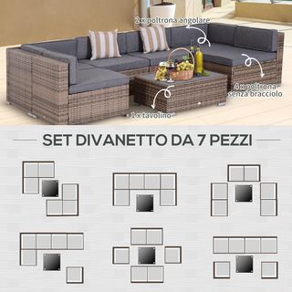 Set da Giardino Modulare in Rattan da 7 Pezzi, Set di Mobili con Tavolo e Divano Modulare con Cuscini, Grigio