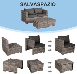 Juego de Muebles de Jardín de 8 Piezas en Rattan PE, Conjunto de Muebles de Exterior Ahorra Espacio con Sillones, Mesas y Puff, Gris
