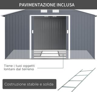 Capanno da Giardino 12,4M² in Acciaio Zincato con Uscite d'Aria, Tetto Inclinato, Doppie Porte Scorrevoli Bloccabili, Capanno per Attrezzi, 340X386X200 Cm, Grigio