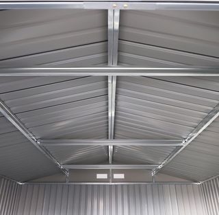 Capanno da Giardino 12,4M² in Acciaio Zincato con Uscite d'Aria, Tetto Inclinato, Doppie Porte Scorrevoli Bloccabili, Capanno per Attrezzi, 340X386X200 Cm, Grigio