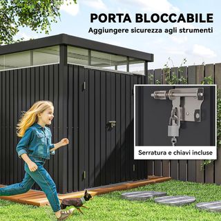 Capanno da Giardino 4,9 m² in Acciaio Zincato con Fori di Drenaggio e Finestre Trasparenti in Acrilico, Capanno per Utensili con Tetto, Porta Bloccabile con Chiave e Guanti, Grigio Scuro