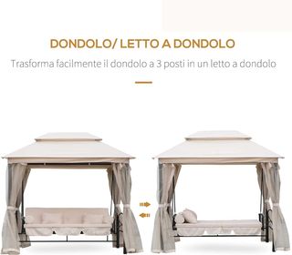 Columpio de 3 Plazas y Cama Individual con Cubierta de Gazebo, Mosquitera y Cojines 256X172X248Cm Crema