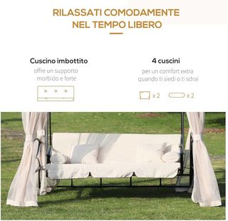 Columpio de 3 Plazas y Cama Individual con Cubierta de Gazebo, Mosquitera y Cojines 256X172X248Cm Crema