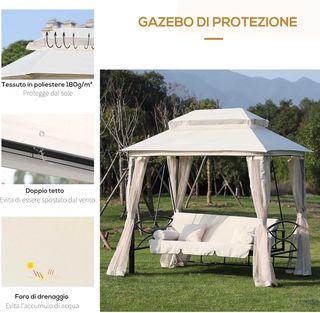 Columpio de 3 Plazas y Cama Individual con Cubierta de Gazebo, Mosquitera y Cojines 256X172X248Cm Crema