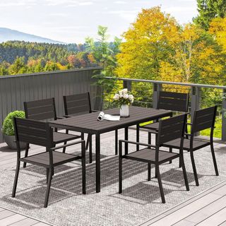 Conjunto de Mesa de Jardín con Sillas de 7 Piezas, Conjunto de Comedor con Mesa con Superficie de HDPE, 6 Sillas de Exterior Apilables con Brazos, Conjunto de Muebles de Acero para Terraza y Patio...