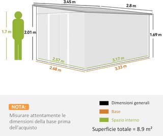 Capanno da Giardino 8,9 m² in Acciaio Zincato con 2 Griglie di Ventilazione, Tetto Inclinato, Doppie Porte Scorrevoli con Serratura e Guanti, 280x345x169/201 cm, Nero