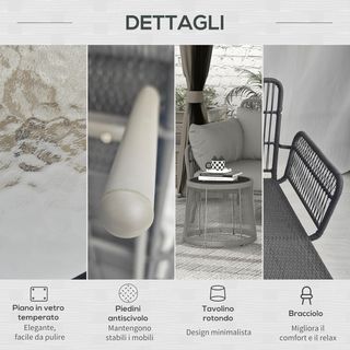 Set di mobili da giardino in rattan 3 pezzi, salotto esterno con divano a 2 posti, chaise longue con cuscini e tavolino con piano in vetro, set da giardino per patio, grigio chiaro