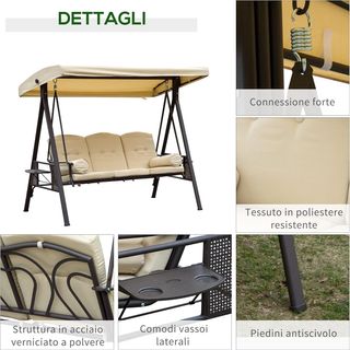 Columpio de Jardín de 3 Plazas en Metal, Columpio de Exterior con Techo Inclinable y Cojines Acolchados, 208X121X172 Cm, Beige