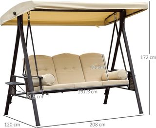 Columpio de Jardín de 3 Plazas en Metal, Columpio de Exterior con Techo Inclinable y Cojines Acolchados, 208X121X172 Cm, Beige