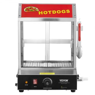 Vaporera de Perros Calientes, 27L, Vaporera de Perros Calientes de 2 Niveles, Control de Temperatura de 30℃~85℃, Calentador de Panecillos Eléctrico con Puertas de Vidrio Templado, Placa de Separac...