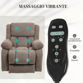 Poltrona elettrica sollevabile reclinabile 150°, poltrona relax elettrica in tessuto per anziani con 8 punti massaggio, riscaldamento, porta USB, telecomandi, poggiapiedi, tasche laterali, marrone