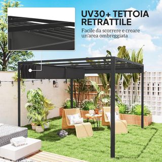 Gazebo Pergola 3X3 M Con Tenda a Rullo Protettiva, Fori De Drenaje, Estacas Y Tornillos, Pergolato De Jardín En Poliéster Y Aluminio, Para Patio, Terraza, Exterior, Gris Oscuro