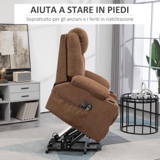 Poltrona elettrica rialzabile reclinabile con 8 punti massaggio e riscaldamento, moderna in tessuto effetto lino con telecomando, 90X101X107 cm, caffè