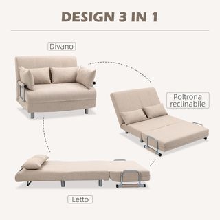 Sofá Cama 2 Plazas 3 en 1 Convertible en Sillón Reclinable con Respaldo Regulable y 4 Cojines Acolchados, 102X82X81 Cm, Beige