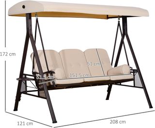 Columpio de Jardín para 3 Personas con Techo Regulable, Portavasos y Cojines, Columpio de Exterior de Metal y Poliéster, 208X121X172 Cm, Beige