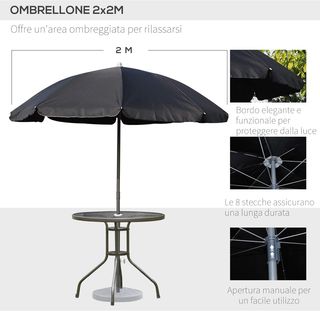 Set di mobili da giardino in tubi d'acciaio 6 pz con tavolo, sedia e ombrellone nero
