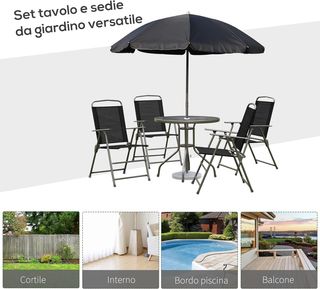 Set di mobili da giardino in tubi d'acciaio 6 pz con tavolo, sedia e ombrellone nero