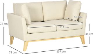 Divano a 2 posti in legno di eucalipto e tessuto effetto lino, divano a 2 posti con 2 piccoli cuscini per soggiorno e camera da letto, 137X78X78 cm, beige