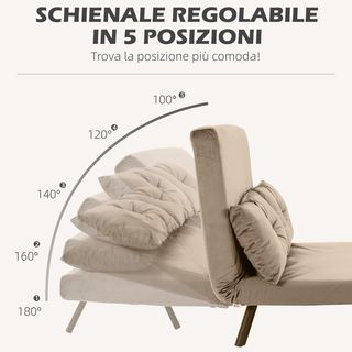 Divano letto a 2 posti con schienale regolabile a 5 livelli, divano letto matrimoniale pieghevole con 2 cuscini per soggiorno, in tessuto imbottito, acciaio e legno, 102X73X81 cm, marrone chiaro