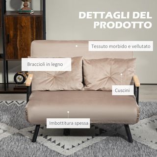Divano letto a 2 posti con schienale regolabile a 5 livelli, divano letto matrimoniale pieghevole con 2 cuscini per soggiorno, in tessuto imbottito, acciaio e legno, 102X73X81 cm, marrone chiaro