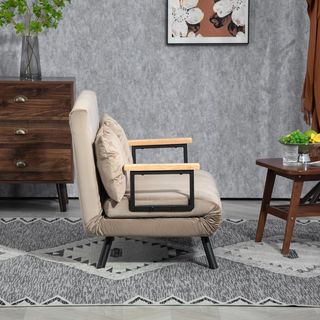 Divano letto a 2 posti con schienale regolabile a 5 livelli, divano letto matrimoniale pieghevole con 2 cuscini per soggiorno, in tessuto imbottito, acciaio e legno, 102X73X81 cm, marrone chiaro