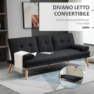 Divano letto a 3 posti reclinabile con 2 braccioli rimovibili, divano a 3 posti imbottito trasformabile in tessuto e legno con portabicchieri per soggiorno e salotto, 181X77X78 cm, grigio antracite