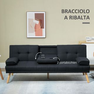 Divano letto a 3 posti reclinabile con 2 braccioli rimovibili, divano a 3 posti imbottito trasformabile in tessuto e legno con portabicchieri per soggiorno e salotto, 181X77X78 cm, grigio antracite