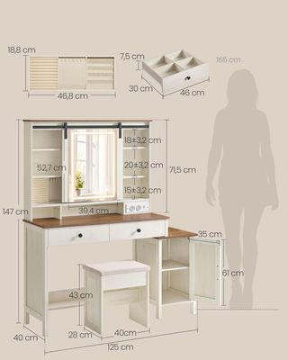 Colección LIRY - Tocador con Espejo y Luces, Estación de Maquillaje con Taburete Estilo Granja, Tomas de Corriente, 2 Cajones, Joyero, Blanco Vintage y Madera de Miel RDT136W01