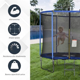 Trampolino Elastico da Esterno, Tappeto Elastico per Adulti da Giardino con Rete di Sicurezza e Bordo Imbottito, Giochi da Giardino e Casa, Ø305x248cm, Blu e Nero