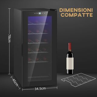 Vinoteca refrigerata per 18 bottiglie, cantina per vino anti-UV a zona singola con temperatura controllata 5-18°, schermo touch, luci LED, ripiani regolabili, porta in vetro, 34.5X45X78Cm